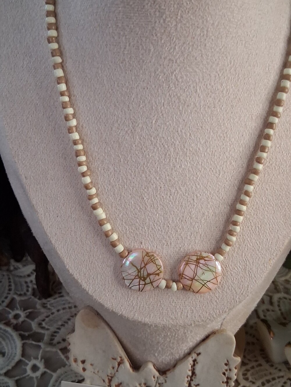 Handcrafted Pink and Cream Beaded Necklace with Iridescent Accent Beads